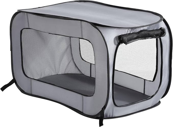 Portable Collapsible Pop Up Kennel, 36" L x 22" W x 22" H, Gray | Collapsible indoor/outdoor travel cat and dog crate with mesh screen windows pops up and folds flat for easy storage by BeatriceHomeFashions