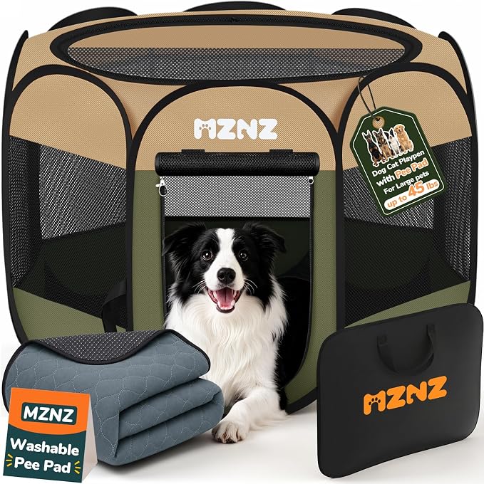 Dog Cat Small Animal Puppy Playpen with Pee Pad, Large, Olive Green | Portable Pop Up Pet Cage Enclosure Tent Kennel Indoor Outdoor with Carrying Case, No Assembly, Camping Use by MZNZ
