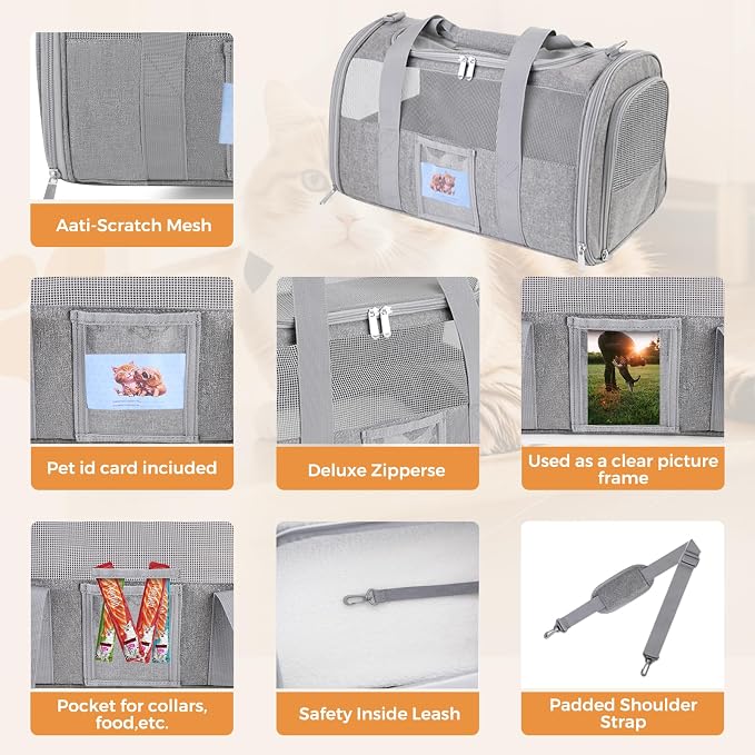 Soft Cat Carrier with Detachable Food Bowl,Pet Travel Bag (Up to 16 lbs) | Puppy Crate with Lockable Zippers,Airline Travel for Small Dog,Kitten,Animal,Breathable Mesh Kennel ,Carrying Case,Grey - Image 6