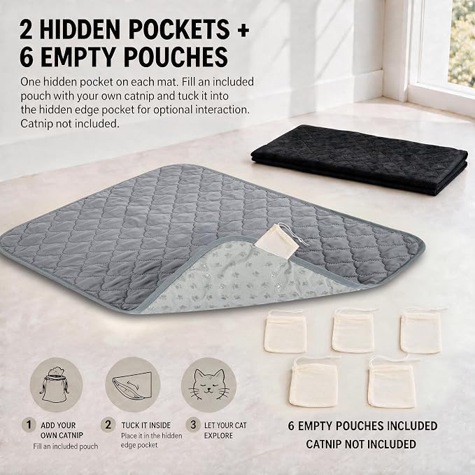 2-Pack Washable Cat Litter Mats, 30 x 20 in, Black/Grey | Absorbent quilted layers with PU barrier, paw-print silicone grip, 2 pockets and 6 empty cotton pouches; catnip not included. - Image 5