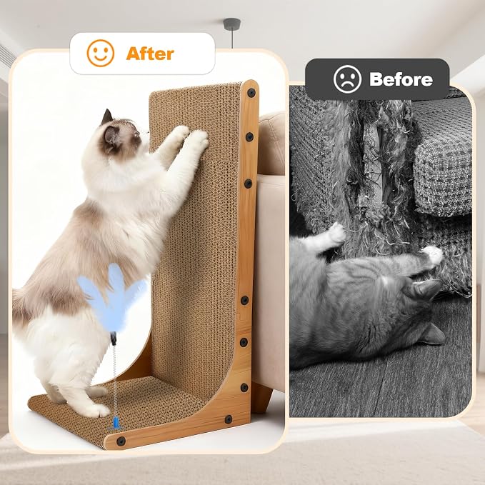 Goosheep Cat Scratching Post, 3-in1 Cat Scratcher for Indoor Cats, 2PK 22in L-Shaped Scratching Board with 1PK Cardboard Box Scratch Pad, Cats Scratch Furniture Protector with Feathered Toy - Image 8