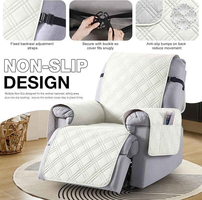 TAOCOCO 100% Waterproof Recliner Chair Cover, Non Slip Recliner Covers for Recliner Chair with Pocket, Washable Reclining Chair Cover Furniture Protector for Kids,Dogs(23.6'', Ivory) - Image 6