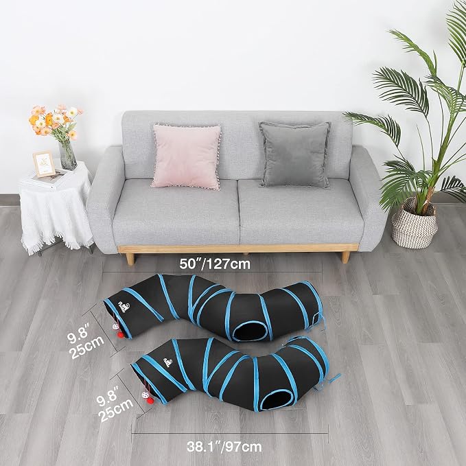 Pawaboo Cat Tunnel Tube S-Shaped, 25x97cm, Blue | Extensible Collapsible, Interactive Toy Maze, With Balls and Bells, For Kitten Kitty Rabbit Small Animal - Image 5
