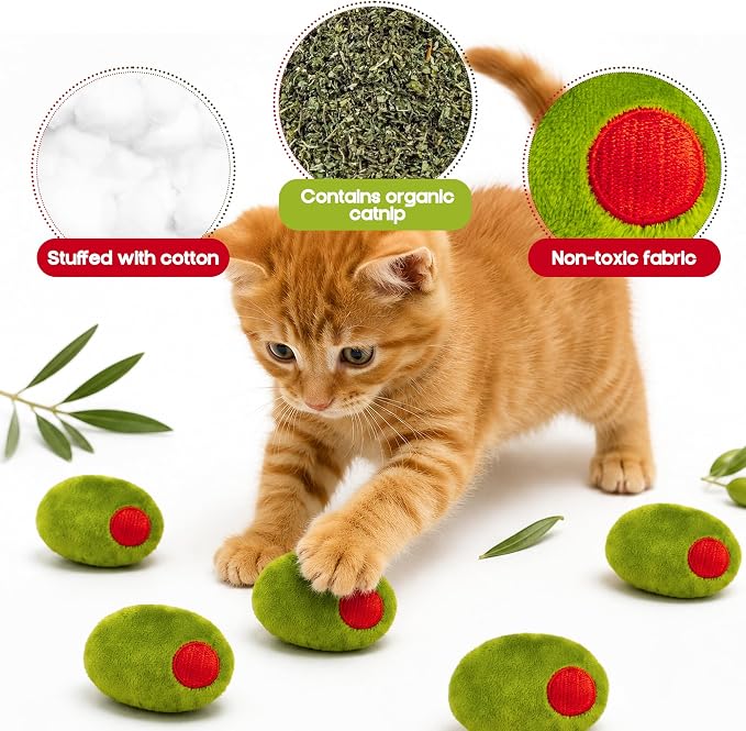 5Pcs Olive Catnip Crinkle Paper Sound Toys for Cat, Catmint Cat Toy Gift | Soft Cotton, Durable for Chew Kick, Catnip Filled Plush Green Olive Interactive Toy for Indoor Kittens Boredom Exercise Play - Image 4