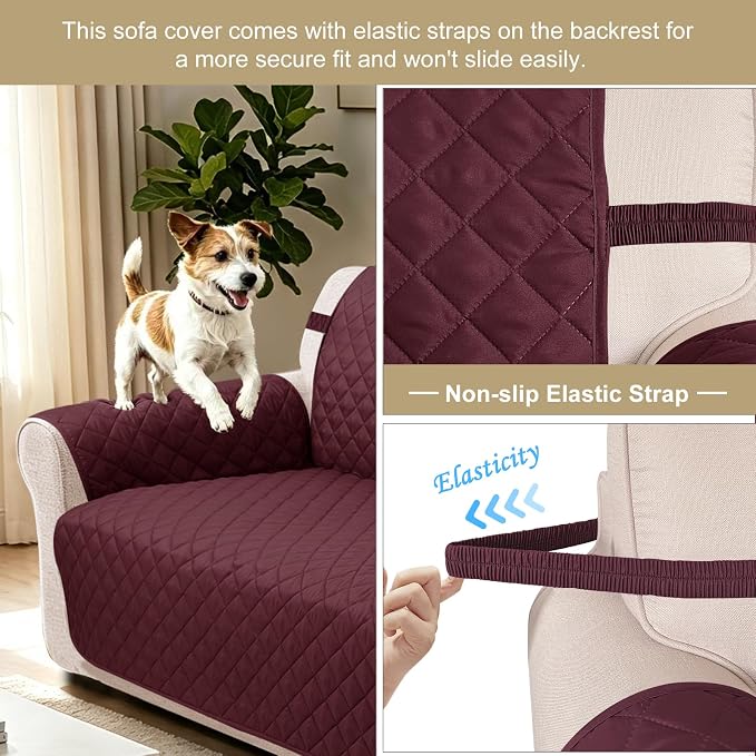Reversible 45" Small Loveseat Sofa Covers, Burgundy/Camel | Loveseat Covers for Dogs Water Repellent, Friendly Furniture Protector with Elastic Straps for Living Room - Image 2