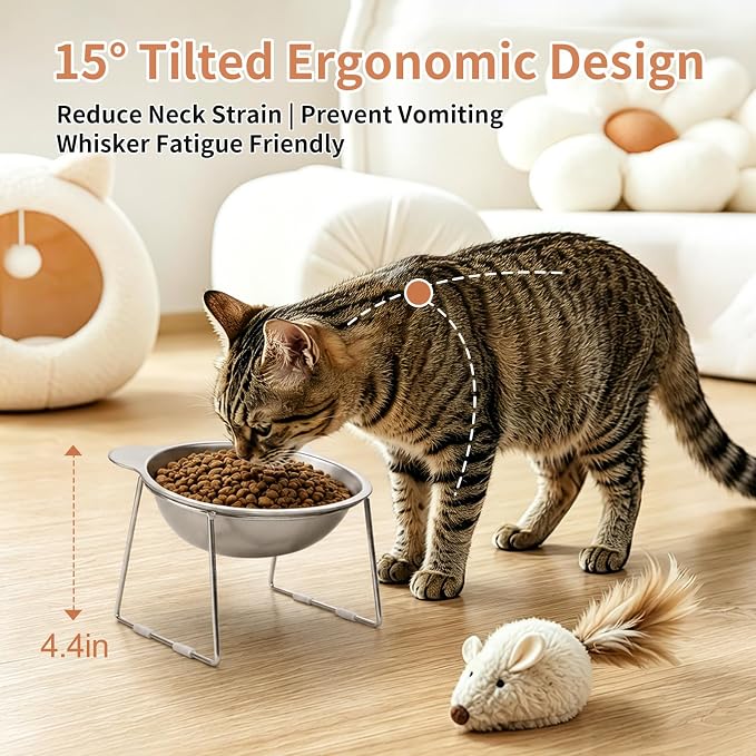 3 Pack Elevated Cat Bowls for Small Cats & Dogs, 15° Tilted Stainless Steel Raised Food Water Bowls, Whisker Fatigue Friendly Pet Dishes with Non-Slip Feet, Dishwasher Safe, 5.9 Inch - Image 3