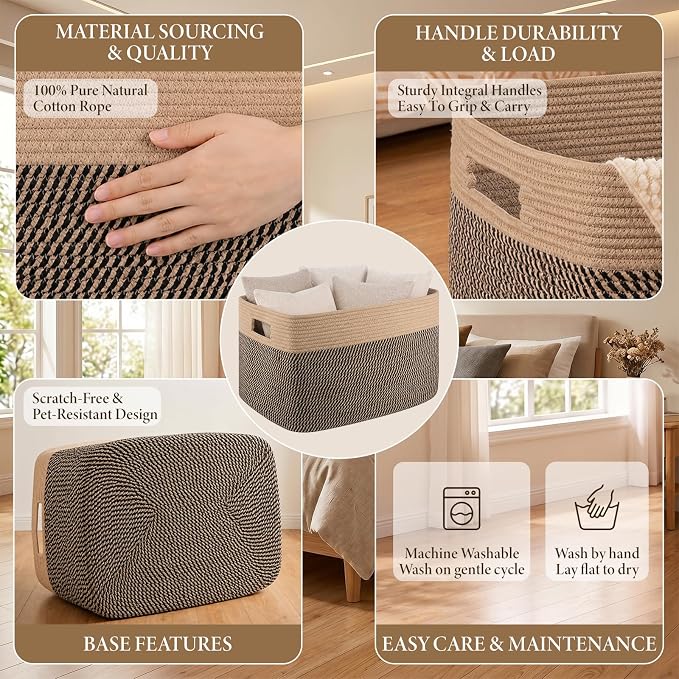 96L XL Large Cotton Rope Basket, Soft Toy Storage Bin for Nursery & Living Room, Decorative Blanket Basket for Bedroom, Baby-Safe Organizer for Pillows &Laundry, 24''×16''×15'', Brown & Black - Image 3
