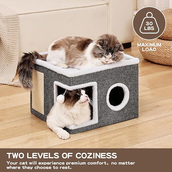 Large Cat Houses for Indoor Cats with Fluffy Ball and Scratch Pad | Foldable Cat Bed Cave for Multiple Pets, Kitten Bed for All Seasons, Non-slip, Hold Up to 30LBS, 16x16x13inch, Grey - Image 3