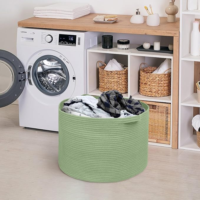MEGASKET Extra Large Green Basket, 22" X 22" X 14" Woven Cotton Rope Baskets for Blankets, Nursery Laundry Basket, Cute Kids Toy Storage Bin, Green Living Room Bedroom Decor Baskets for Organizing - Image 7