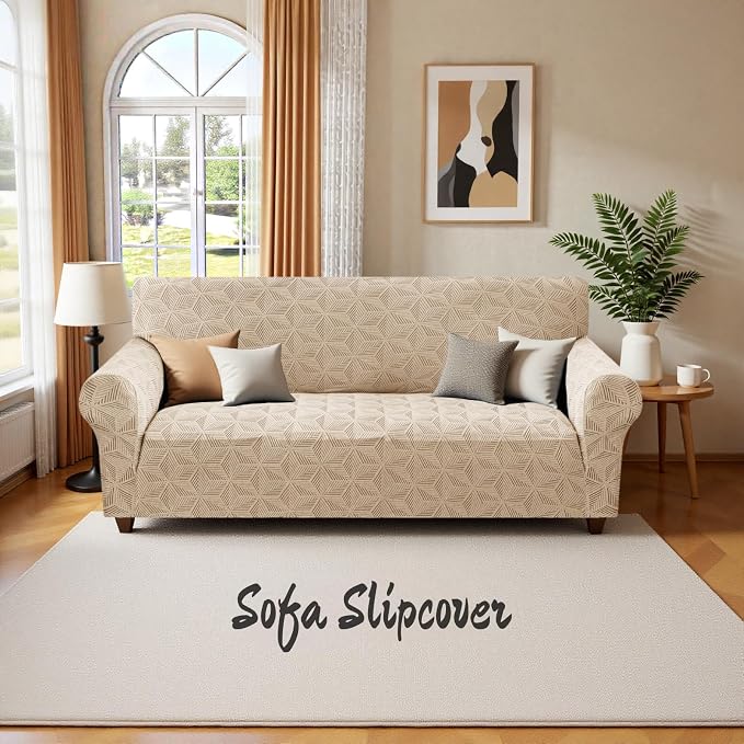 YEMYHOM 1 Piece Stretch Couch Covers for 2 Cushion Couch, Jacquard Loveseat Cover with Non-Slip Elastic Bottom, Thickened Slipcover Furniture Protector for Dogs Pets (Medium, Khaki） - Image 8