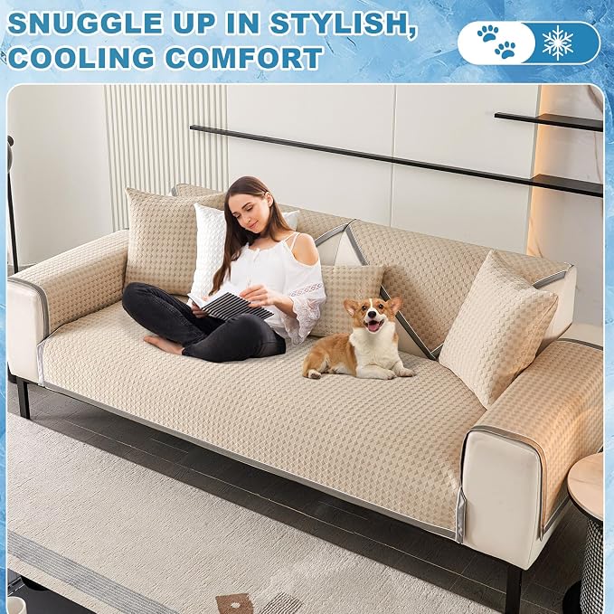 OTOB Cooling Dog Couch Cover Ice Silk Fiber, Washable & Non Slip Sofa Slipcovers Furniture Protector, Soft Pet Bed Cooling Mat, Durable Dog Sofa Covers(Khaki, 28"*70") - Image 9