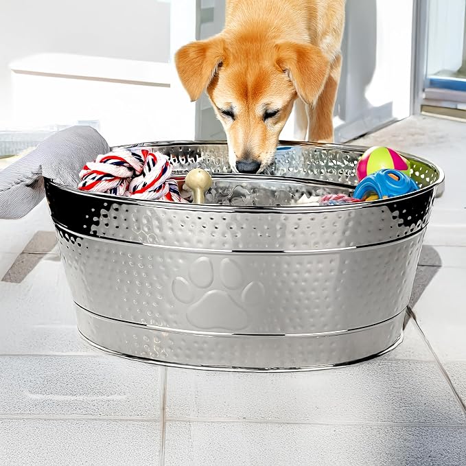 BREKX Stainless Steel Indestructible Dog Toy Bin - Pet Storage Bin with Handles, Large Organizer Storage Basket for Pet Toys, Blankets, Leashes - Pawprint Design Home Decor (Silver - 25 Quart) - Image 6