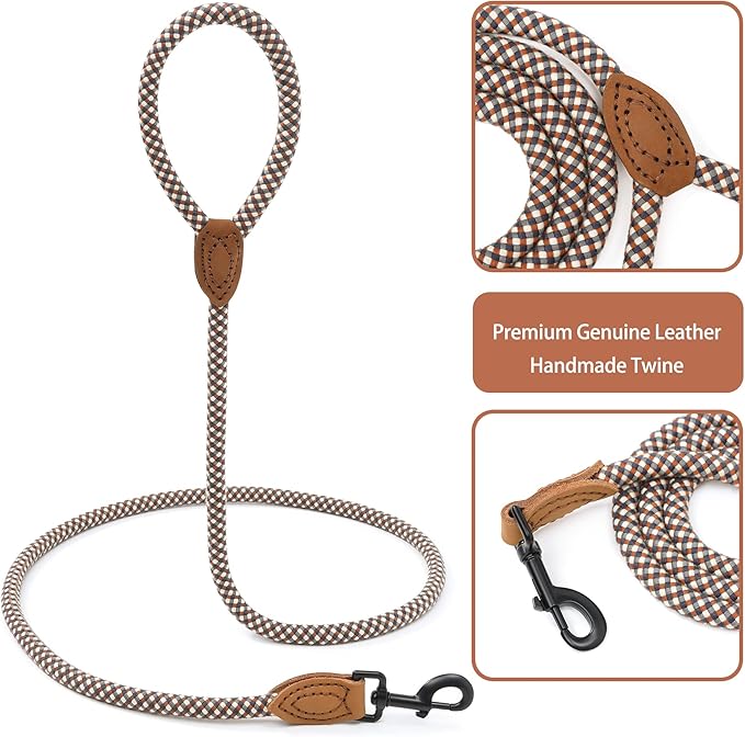 Mile High Life Dog Leash with Genuine Leather-Wrapped Ends, 4/5/6FT | Tangle-Free 360° Swivel Clasp Heavy Duty Rope Leash | Small Medium Large Dogs | Daily Walking (Brown, 72 Inch, 1/2") - Image 4