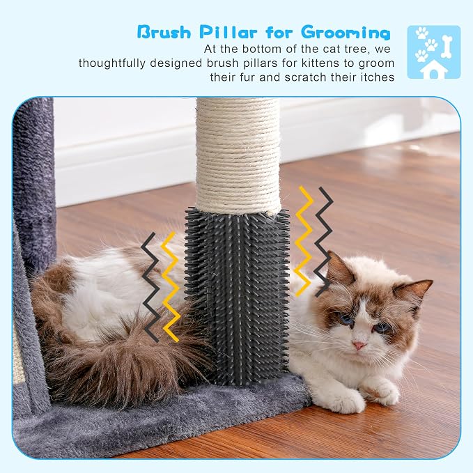 Hey-brother Cat Tree Tower, Adjustable Height, Floor to Ceiling, MPJ091G | 94.5-106.3 Inches Multi-Level Cat House, Scratching Posts, Plush Condo, Platform, Toy Ball for Indoor Big Cats, Smoky Gray - Image 6