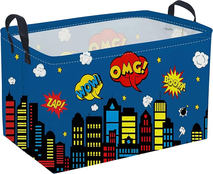 Sanjiaofeng Rectangular Blue City Hero Skyline Basket,Baby Storage Bins with Handles,Comics Hero Kid Basket,Building Silhouettes Storage Bin,Room Decor(Building) by Sanjiaofen
