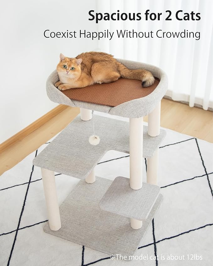 Cat Tree Tower Wooden 37.4''(95 cm), Large Cat Tree with Jump Platform & Play Ball for Indoor Cats, Ideal Cat's Climbing Frame & Playhouse (Linen Fabric Light Grey) - Image 5