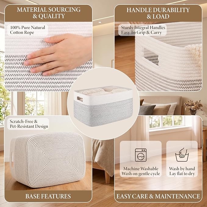 75L Large Cotton Rope Basket, Soft Toy Storage Bin for Nursery & Living Room, Decorative Blanket Basket for Bedroom, Baby-Safe Organizer for Pillows &Laundry, 22''×17''×12'', Black & White - Image 3