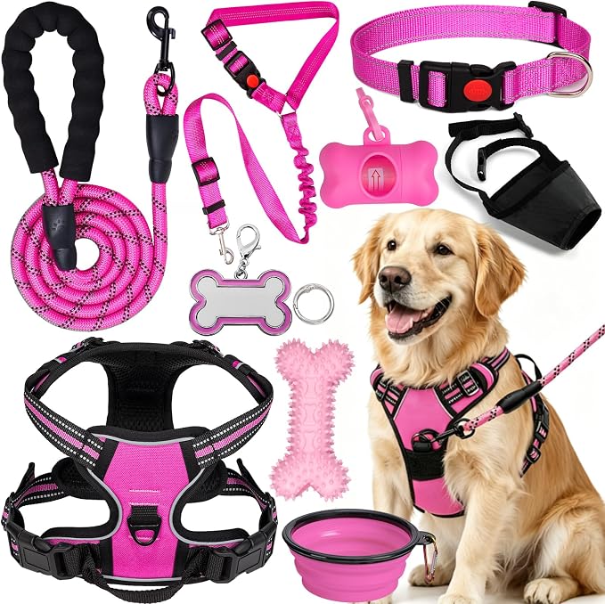 No Pull Dog Harness Adjustable Collar & Leash Set - Dog Halter Harnesses Collapsible Bowls & Poop Bag Dispenser Muzzle ID Tags Toys Fits Small Medium Large Dogs (Pink-L) by Unknown