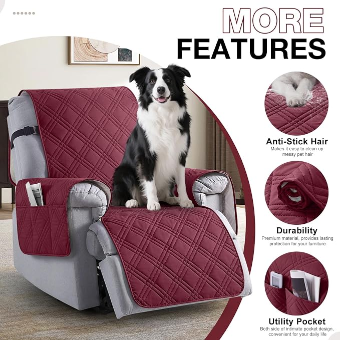 TAOCOCO Waterproof Recliner Chair Covers 30 Inch Wide, Oversized Recliner Covers for Recliner Chair with Pocket, Recliner Slipcovers with Straps Furniture Protector for Kids Pets (30'', Wine) - Image 5