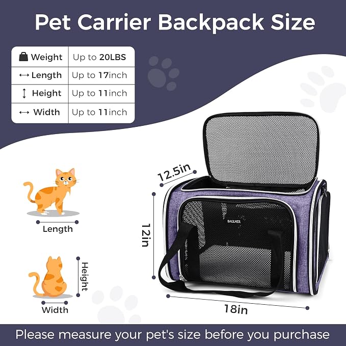 BAGLHER Pet Travel Carrier, Cat Carriers Dog Carrier for Small Medium Cats Dogs Puppies, Airline Approved Small Dog Carrier Soft Sided, Collapsible Puppy Carrier, Purple - Image 4