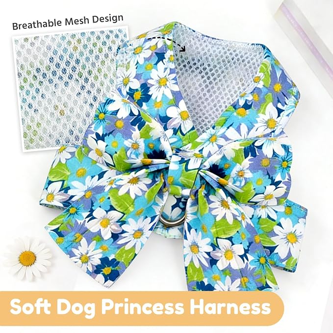 BAEJMJK Dog Harness and Leash Set with Bow Knot No Pull Pet Daisy Floral Harness with D-Ring Soft Mesh Dog Harness Vest Set Escape Proof Princess Puppy Harness for Small Girl Dogs Cats（Blue A M） - Image 5
