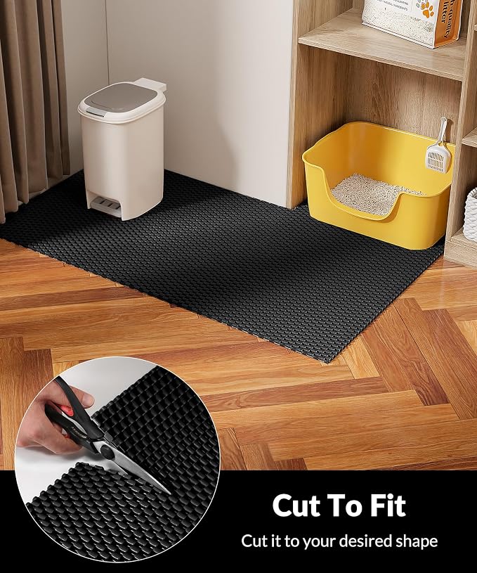 Cooyes Cat Litter Mat - Cut to Fit Any Place, 47"x35" Large Litter Trapping Mat for Litter Box, Easy to Clean, Waterproof & Non-Slip Kitty Pad, Scatter Control to Protect the Floor (Black) - Image 2