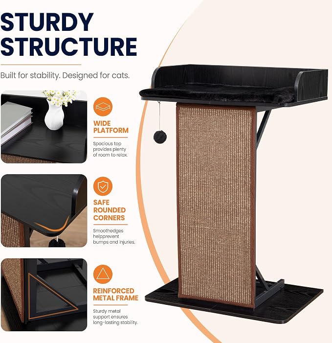 Modern Wood Cat Tree Tower for Indoor Large Adult Cats with Big Perch Bed | 33.8in Tall Wooden Cat Trees with Platform, Cat Scratching Pads, Washable Cushions, Cat Furniture for Window, Rustic Black - Image 6