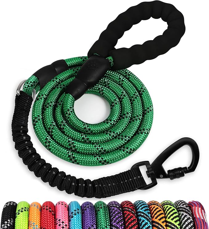 Rope Dog Leash 6 FT: Heavy Duty Leashes with Swivel Lockable Hook Reflective Threads Bungee and Padded Handle - Dog Lead for Large Small Medium Dogs Outside Walking Hiking Green by jenico