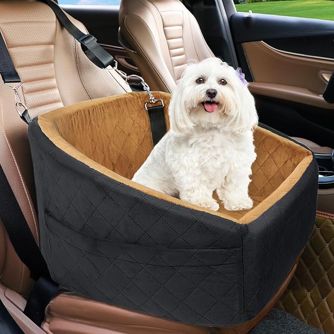 NEEZUKAR Dog Car Seat for Small Medium Dogs,Detachable Washable Dog Booster Seat Under 30lbs, Pet Car Seat Travel Bed with Storage Pockets and Dog Safety Belt(Black/Brown) by NEEZUKAR