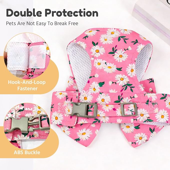 BAEJMJK Dog Harness and Leash Set with Bow Knot No Pull Pet Daisy Floral Harness with D-Ring Soft Mesh Dog Harness Vest Set Escape Proof Princess Puppy Harness for Small Girl Dogs Cats（Pink L） - Image 6