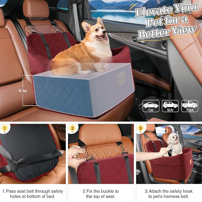 Dog Booster Car Seat for Dogs up to 35lbs, Safety Pet Car Seats with Anti-Slip Bottom, Travel Booster Dog Bed with 2 Storage Pockets (Wine Red, Medium) - Image 5