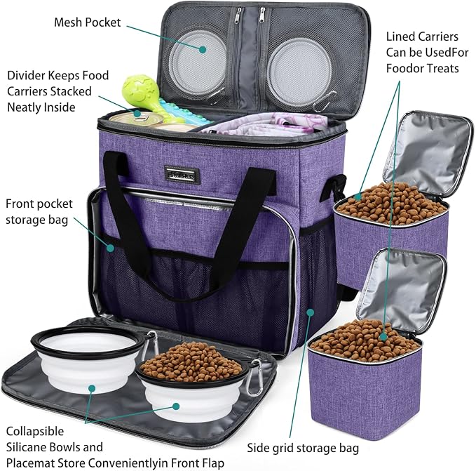 BAGLHER Dog Travel Bag, Pet Travel Bag (ALL Pet Travel Supplies), With 2 Pet Food Containers and 2 Collapsible Silicone Bowls; Essential Kits for Pet Travel Purple - Image 5