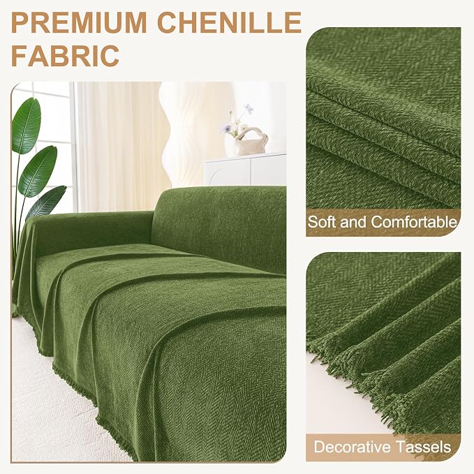 Smiry Couch Cover for Dogs, Chenille Sofa Covers for 3 Cushion Couch | Washable Soft Sofa Slipcover for Pets, Thick Sectional Furniture Protector with Tassels (Green, 71x134 Inch) - Image 2
