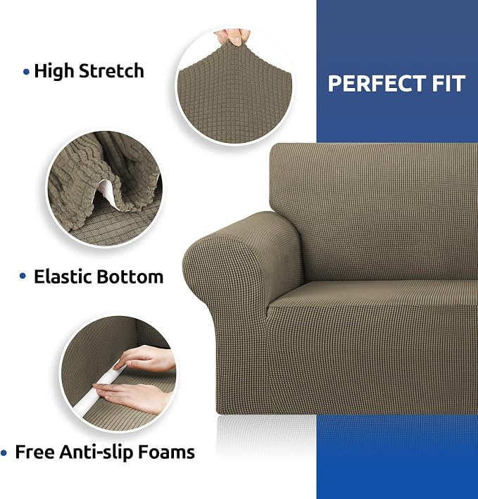 KEKUOU Stretch Couch Covers for Sofa, 3 Cushion Couch Slipcover,Khaki | 1-Piece Washable Sofa Cover Pet Friendly(78"-94") Furniture Protector Soft Jacquard, Elastic Bottom for Dogs & Kids - Image 6