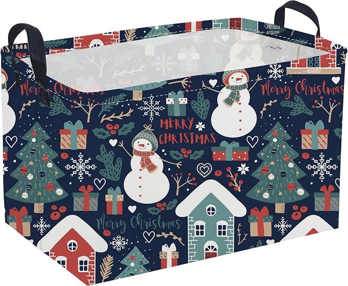 Rectangular Christmas Baskets,Snowman Basket Empty,Waterproof PE Coating Cute Bins for Kids with Handles,Gifts Baskets,Books Bin. (Blue Snowman) by Sanjiaofen