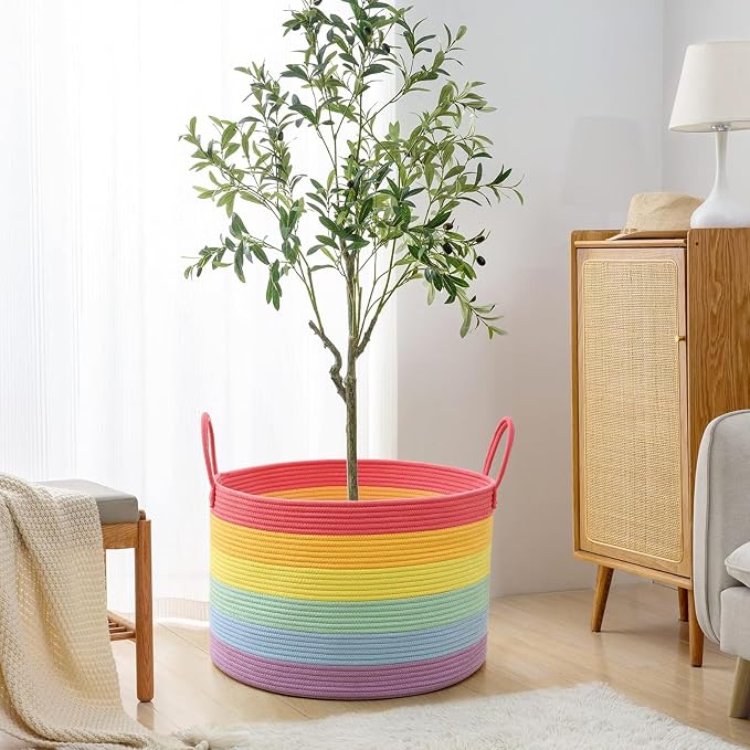 67L Large Rainbow Blanket Basket, Cotton Rope Baby Laundry Hamper with Handles, Kids Toy Basket for Classroom & Nursery, Soft Round Stuffed Animal Storage, Dog Toy Bin - 20"x13", Rainbow - Image 6