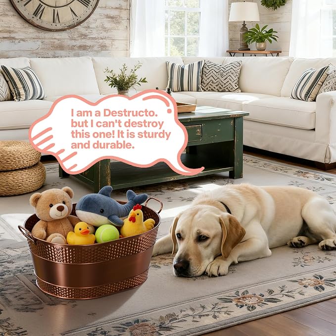 Metal Dog Toy Bin, Copper, Oval | Large 25-Quart Capacity, Sturdy Toy Box with Handles, for Living Room - Image 2