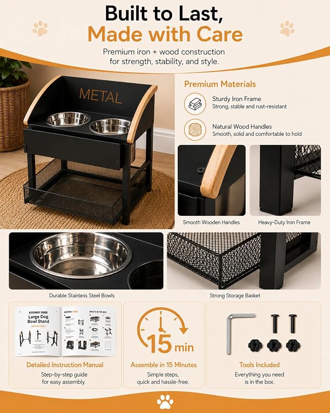 Elevated Dog Bowls for Large Breed Dogs with Storage Basket, 13 Inch Tilted Raised Dog Bowl Stand with Stainless Steel Bowls, Metal Dog Feeding Station - Image 5