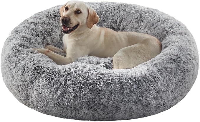 45 in Faux Fur Fluffy Donut Dog Bed for Extra Large Dogs,Dark Grey | Calming Plush Round Jumbo Pet Bed with Removable & Washable Cover,Fits up to 120 lbs Pets by BedStillLoveStill