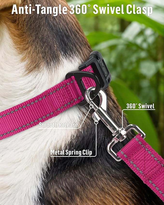 FunTags Reflective Nylon Dog Leash for Small & Medium Dogs, 4FT Training | Comfortable Padded Grip, Stay Safe at Night, 360° Anti-Tangle Swivel, for Dog Parks & Trails, Hot Pink - Image 4