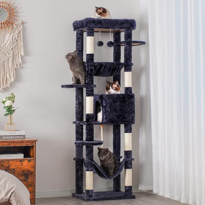 Heybly Cat Tree for Large Cats 20 lbs, 69 inches Cat Tower HCT031G | Heavy Duty Cat Condo for Indoor Cats, Multi-Level Furniture with Big Padded Plush Perch, Cozy Basket, Smoky Gray - Image 9