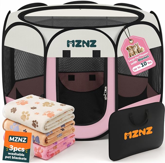 Dog Cat Small Animal Puppy Playpen Crate with 3 Blankets, Small, Pink | Portable Pop Up Pet Cage Enclosure Tent Kennel Indoor Outdoor with Carrying Case, No Assembly, Camping Use by MZNZ
