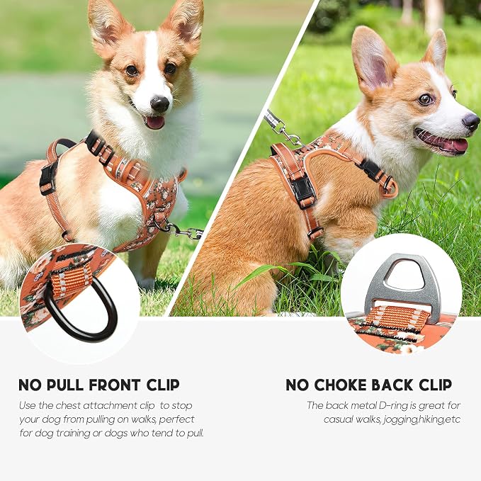 Timos Small Dog Harness, No Pull No Choke, Easy On & Off, Flower Orange, XS | Adjustable Reflective Soft Padded, Neck Quick Release with 3 Buckles, Front & Back 2 Clips and Handle for Walking Training - Image 4