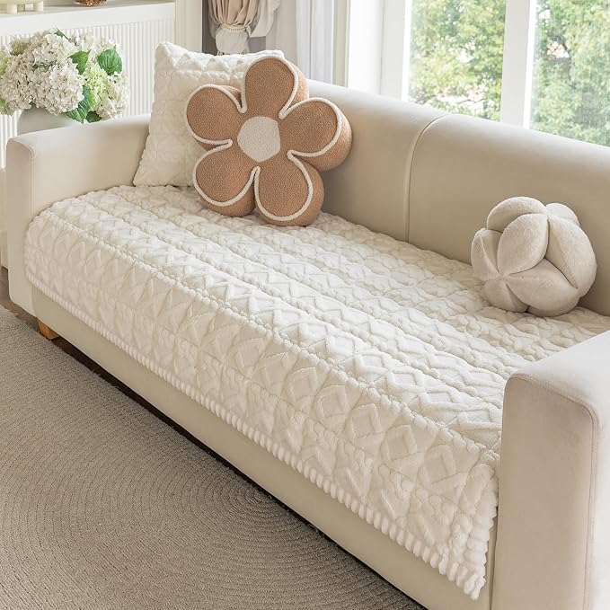 OstepDecor Couch Cover for Dogs, Washable Non Slip Sofa Cover for Pets | Soft Couch Covers for Sofa, Loveseat and Sectional, Furniture Protector Against Pet Hair & Dirt (35.4" x 94.5", Cream) by OstepDecor