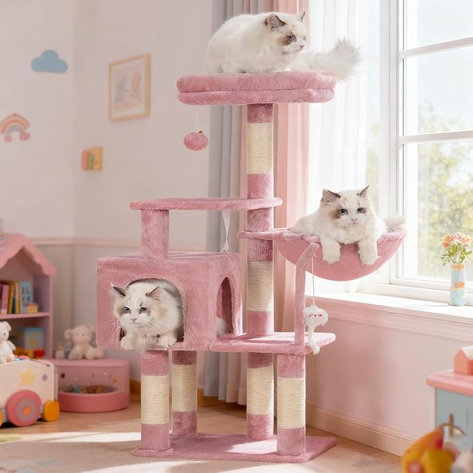 Heybly Cat Tree with Toy, 43.3 inch Cat Tower condo for Indoor Cats, Cat House with Padded Plush Perch, Cozy Hammock and Sisal Scratching Posts, Skin Pink HCT004SP by HEYBLY