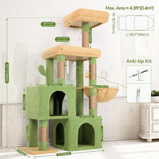 Globlazer 52in Cactus Cat Tree Tower for Indoor Cats, 2 Condos, S52, Green | Multi-Level Plush House, 5 Sisal Scratching Posts, 2 Padded Top Perches, Big Metal Basket, Stable Enlarged Base - Image 6