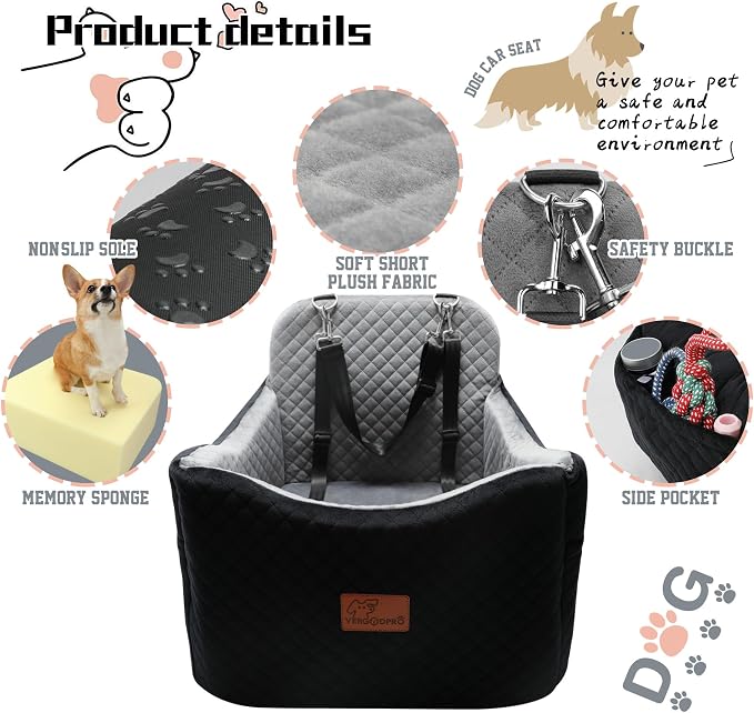Dog Car Seat for Small Medium Dogs-Safety and Comfy Pet Booster Carseats with 2 Clip-On Satebelt & Storage Pockets,Washable and Detachable Puppy Car Seat for Dogs up to 30 lbs.(H-Black/Grey) - Image 4