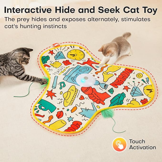 Potaroma Interactive Cat Feather Toys, Hide and Seek Moving Feather Wand | Rechargeable Touch Activated Indoor Kitten Exercise Kicker, Mouse Squeaky, Graffiti Cover - Image 2