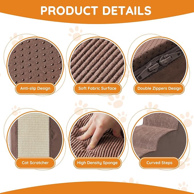 Dog Stairs for Small Dogs 15.7" H, Dog Ramp for Bed, 3-Step, Coffee | Dog Steps for Bed, Couch, Pet Stairs with Non-Slip Bottom Design, Cat Scratching,High Density Foam Portable Pet Steps, Indoor - Image 3
