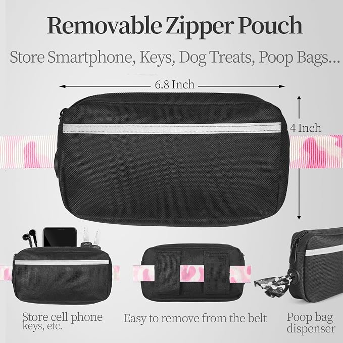 Hands Free Dog Leash with Zipper Pouch, White-Pink Mix, Large | Waist Leash, Dual Padded Handles, Shock-Absorbing Bungee, Adjustable Waist Belt, Walking and Running - Image 2